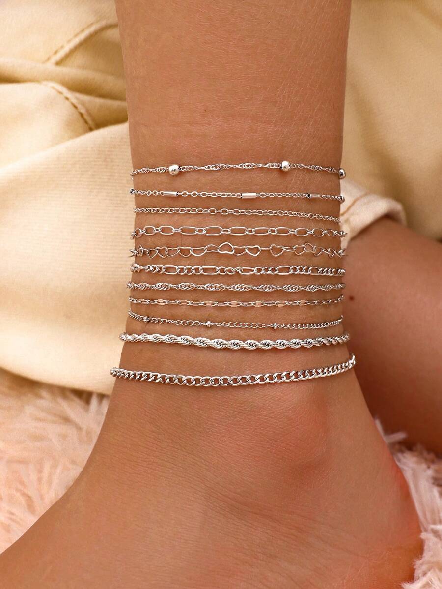 11pcs Set Fashionable Minimalist Heart Chain Anklets, Layered Personalized Pure Chain Beach Anklets For Women - Silver - View 1