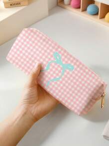 1pc Pink Check Bow Pattern Printed Corduroy Pencil Case, Double-Sided Print Stationery Pouch, Portable Multi-Function Office Supply Pencil Holder Study Storage Bag