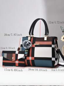 New Minimalist Women Handbag Set, Plaid Pattern Classic Elegant High-End Fashion Casual Tote, Suitable For All Seasons, Large Capacity Shoulder & Crossbody Bag - Black - View 2