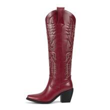 Cowboy Boots For Women Embroidered Knee High Cowgirl Boots Womens Retro Western Boots Pull On Tall Boots With Chunky Heel Pointed Toe