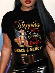 Women's Casual Short-Sleeved Round Neck Plus Size T-Shirt - Black - View 1