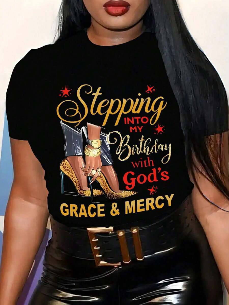 Women's Casual Short-Sleeved Round Neck Plus Size T-Shirt - Black - View 1