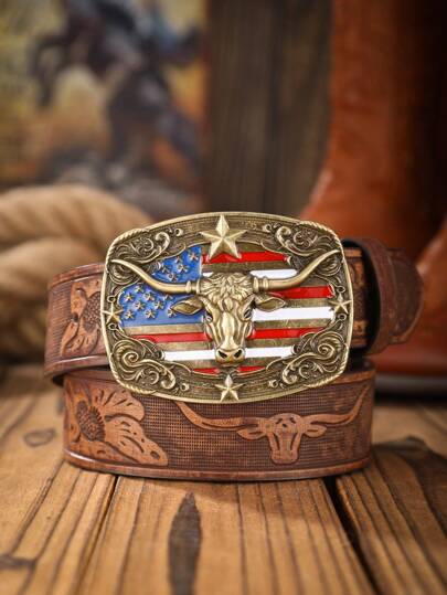 1条男女通用波西米亚西部风格金属扣复古深棕色PU皮带，适合休闲和个性化搭配（含打孔器）