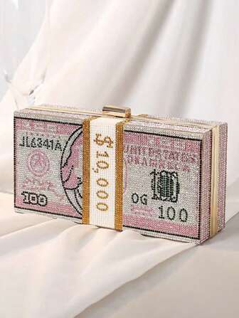 European And American Fashion Rhinestone-Studded Dollar Sign Design Evening Clutch Bag, Crystal Embellished