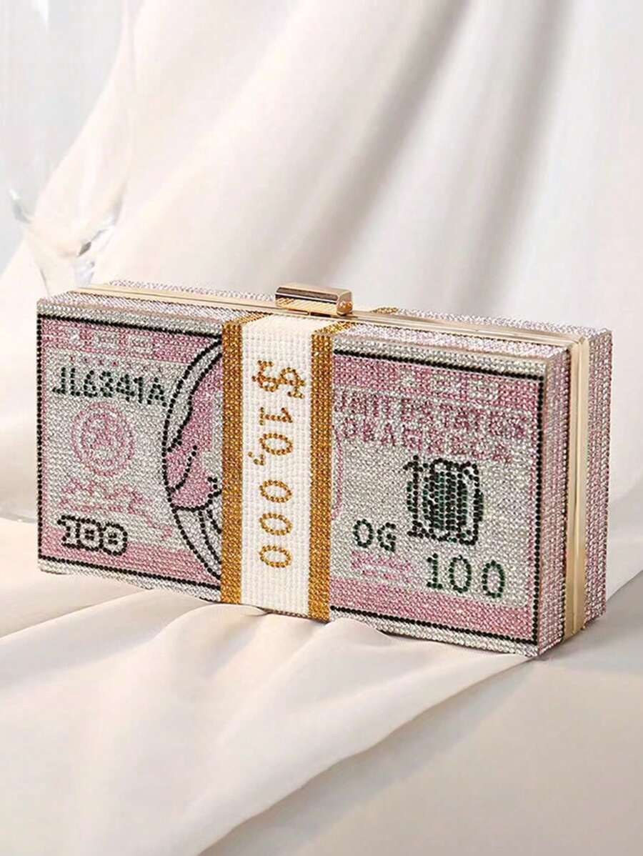 欧美时尚水钻镶美元符号设计晚装手拿包，水晶点缀