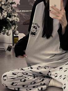Sanrio Women's Cute Cartoon Pattern Fleece Warm Hello Kitty Pajama Set, Including Long Sleeve Crew Neck Top And Pants, Comfortable Loose Fit, Suitable For Spring, Autumn And Winter, Fall Clothes