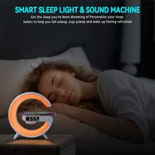 1 pieza Mini Lámpara Inteligente Tipo G, Carga Inalámbrica, Altavoz Inalámbrico, Reloj Despertador, Luz Nocturna para Dormitorio, Ayuda Natural para el Sueño, Luz Ambiente para Decoración de Escritorio, Regalo de Vacaciones (Baterías no incluidas)