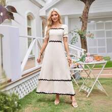 Fashion Casual Spring And Summer Square Neck Lace Back Pleated Puff Sleeve Dress - Army Green - View 5