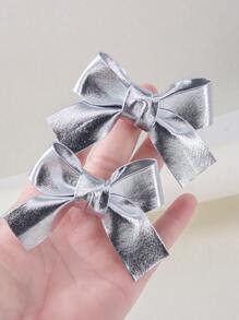6pcs/Set Girls Silver Reflective Shiny Fabric Solid Bow Hair Clips, Minimalist Glossy Leather Lightweight Elegant Duck Clip Hair Accessories - Multicolor - View 5