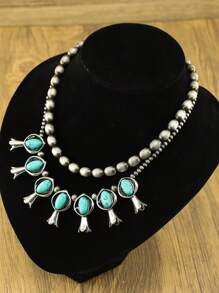 2pcs Western Country Style Fashion Oxidized Vintage Effect Pumpkin Flower Inlaid Turquoise Beaded Necklace/Double Layer Neck Chain Suitable For Women Daily Wear And Gift - Turquoise - View 11
