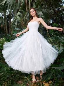 Elegant Minimalist Midi Dress With Polyester Tulle & Cascading Tulle Skirt | Wedding Guest Dress For Bridesmaid Events & Nature-Inspired Weddings & Summer Garden Parties - White - View 4