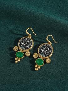 Vintage Tarnished Copper-18K Gold Plated Antique Coin Cameo Portrait Earrings With Faux Agate & Glass Crystal Beads
