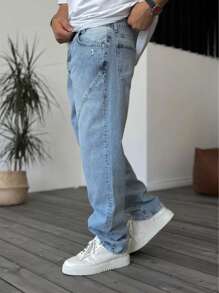 Jeans rectos clásicos para hombre con inserción de parche y bolsillos, casuales y versátiles