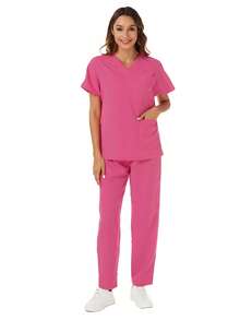 Solid Color V-Neck Short Sleeve Top And Elastic Waist Multiple Pocket Pants,  Uniform Scrubs Nurse Set For Healthcare Professionals - Pink - View 3