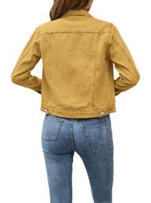 Womens Jeans Coat Solid Color Denim Jacket, Casual Long Sleeve Button Down Pocket Jean Jacket - Yellow - View 4
