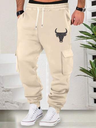 New Spring Autumn Men's Casual Sweatpants, Graphic Print Loose Fit Elastic Waist Drawstring Multi-Pocket Sweatpants, Large Size Fitness Running Jogger Pants