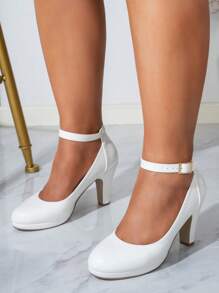 Wide Fit Strap Buckle Thick Heel High Heels, Solid Color Commuting Versatile Professional Party Formal Elegant Pumps