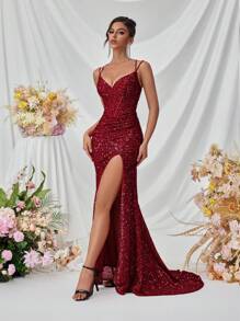 ADYCE Vestido con escote en V, abertura frontal y cordones en la espalda con lentejuelas, vestido de noche formal para mujer para fiestas/bailes de graduación, vestido de invitada de boda