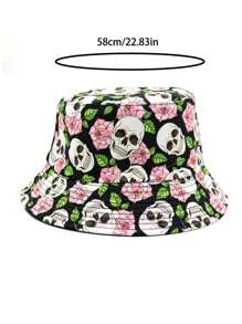 1 Stück modischer umkehrbarer Fischerhut für Damen mit rosafarbenem Blumen- und Skelettdesign, geeignet für lässige Frühlings- und Sommeroutfits
