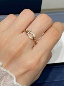 1pc S925 Sterling Silver Twisted Rope Horseshoe Design Synthetic Zirconia Embellished Ladies' Ring, Fashionable Bohemian Jewelry - Yellow Gold - View 5