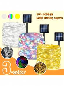 1pc 3/5/10/20/30M 30/50/100/200/300 LED Solar Fairy Copper Wire Lights, 8 Modes Of Outdoor Copper Wire String Lights, Mini LED Lights Used For Christmas Gardens, Terraces, Trees, Parties, Courtyards, Wedding Decorations