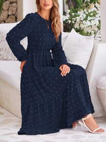 Women's Fall And Spring Elegant Long Sleeve Long Dress Swiss Polka Dot A Elegant Casual Holiday Wedding Party Going Out Dress - 藏藍 - 查看 2