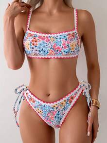 Ditsy Floral Frilled Drawstring Bikini Two Pieces Swimwear - Multicolor - View 4