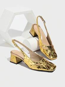 Women's Metallic Gold French High-End Medium Heel Roman Shoes, Hollow-Out Closed Toe Summer Retro Low Vamp Shoes, Square Toe Thick Heel Round Toe Designer High Heel Shoes, Non-Slip Strap Sandals