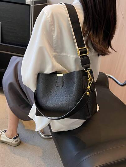 Elegante cor sólida alça larga Pu bolsa de ombro feminina tote