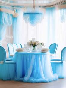 1 Roll Sheer Organza Tulle, Wedding Ceremony Decor, Swiss Voile Fabric For Wedding Chair Decoration, Wedding Supplies, DIY Sewing Tulle For Wedding Decor, Wedding Ceremony Party Supplies, Fabric, Bridal Shower Decor - Blue - View 4