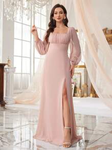 UNITHORSE Square Neckline Lantern Sleeve Ruched Chest & Waist A-Line Wedding Party Dress With Slit Hemline, Bridesmaid Dress - Pink - View 3
