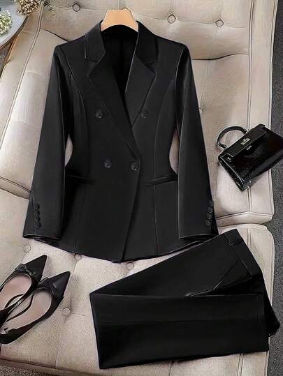 Completo da donna formale doppiopetto di taglia grande, casual, colore nero