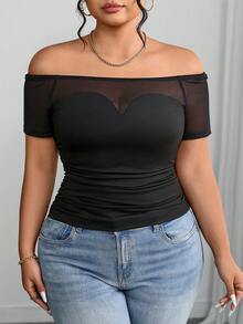 Women Plus Size Off-Shoulder Mesh Patchwork Fitted Top, Casual Everyday Wear - Black - View 3