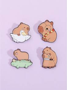 1pc/4pcs/5pcs/6pcs/9pcs Cute Capybara Student Design Hamburger, French Fry, Cartoon Badge, Adorable Capybara Enamel Pin, Cartoon Brooch - Brown - View 14