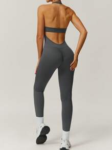 NcmRyu 时尚性感褶皱露背提臀塑身吊带连体衣 - 灰色 - 查看 2