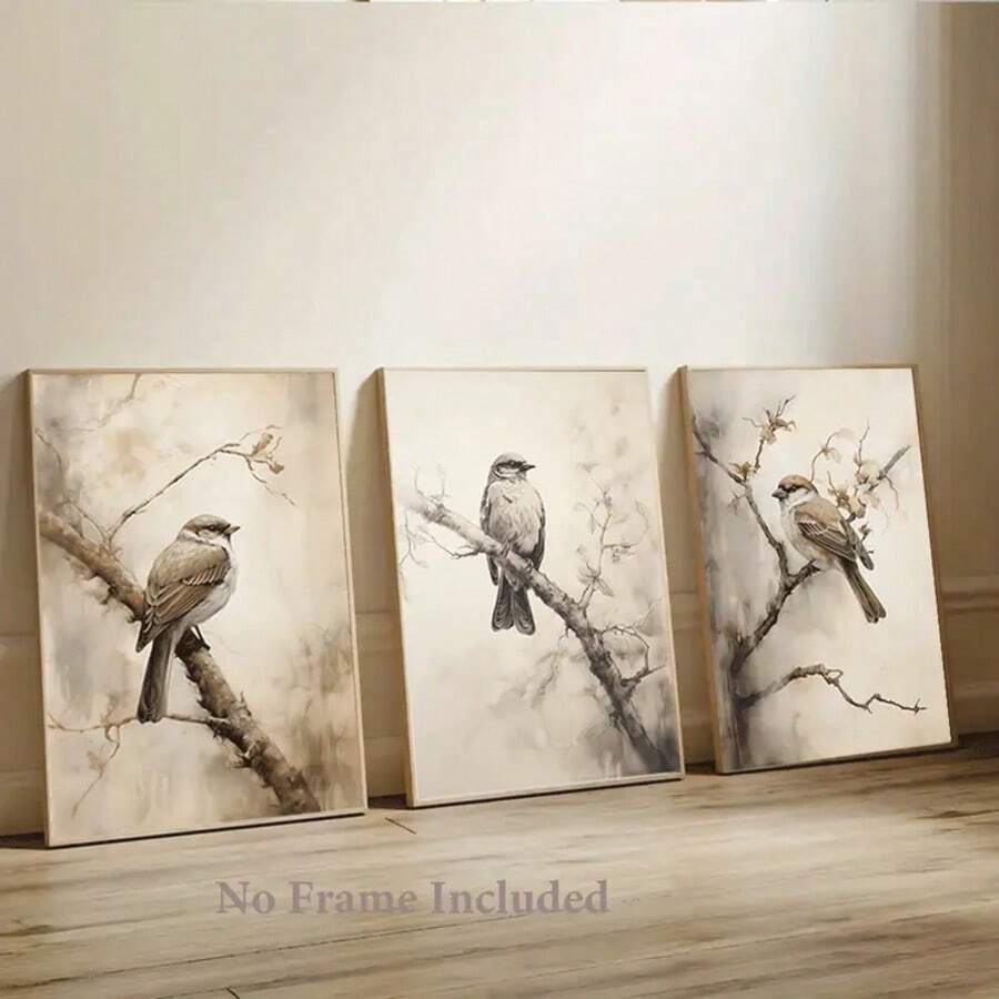[Set de 3 obras de arte en lienzo de pájaros sin marco] Set de 3 piezas, sin marco, 16x24 pulgadas, Pintura en lienzo de un pájaro posado en una rama de árbol para decoración del hogar, sala de estar, dormitorio, cocina, oficina, cafetería, impresiones de alta calidad, regalo perfecto y decoración