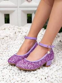 New Girls Glitter Round Toe Purple High Heel Shoes, Princess Dress Shoes For Little Girls, Cute Thick Heel Shoes - Purple - View 6