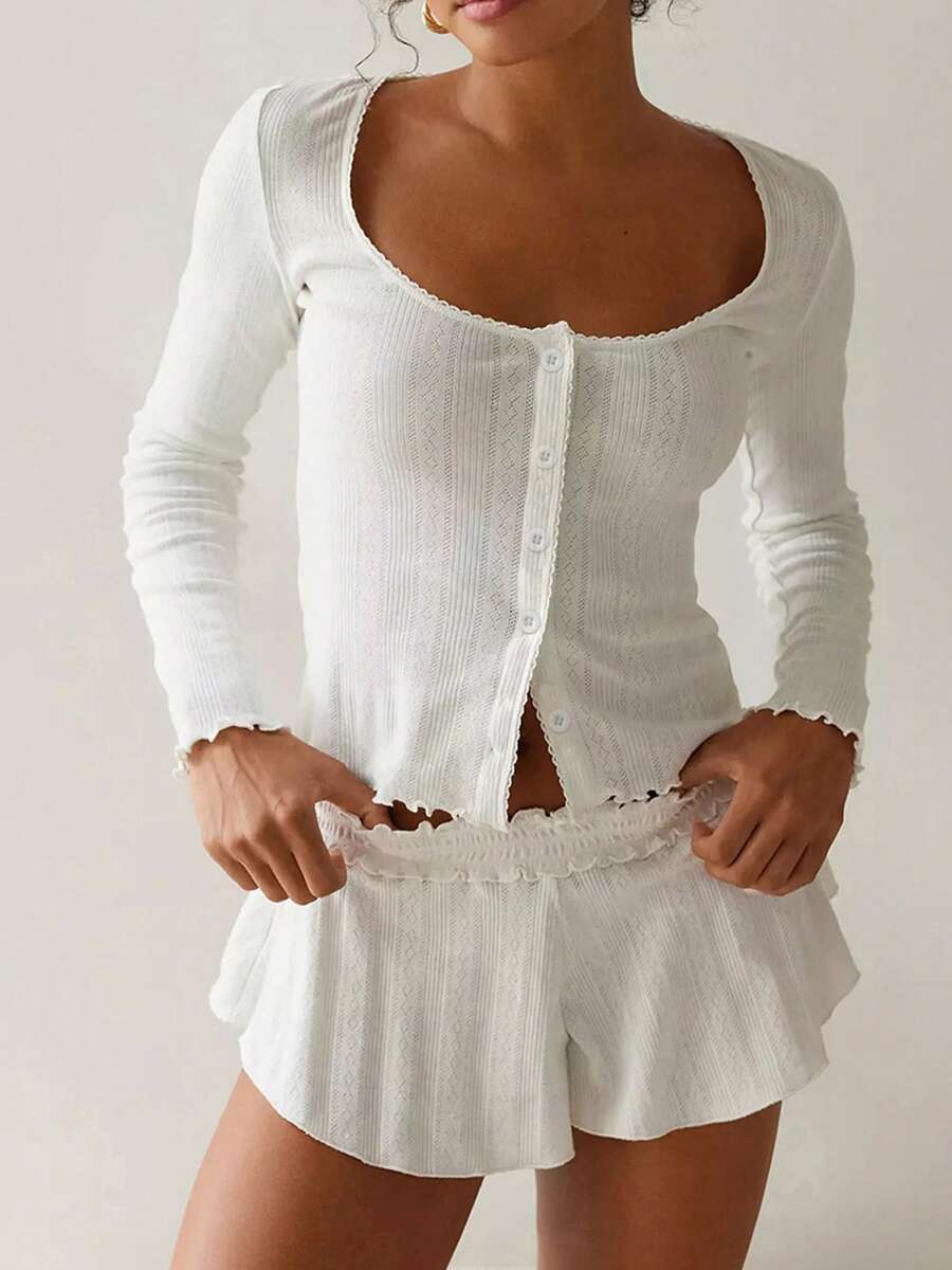 Women 2 Piece Ribbed Knit Pajama Set Button Long Sleeve Tops And Ruffle Shorts Lounge Sweatsuits Y2k Sleepwear PJ Set - White - View 1