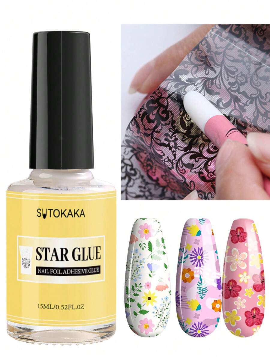 غراء لنقل ملصقات الرقائق المعدنية لفن الأظافر، قوي الالتصاق لنقل الرقائق المعدنية DIY، يتطلب استخدام جل الأظافر وضوء LED، 15مل - شفاف - مشاهدة 1