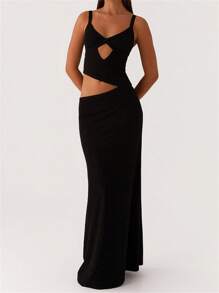 Women Slip Dress, Sleeveless V-Neck Backless Hollowed Swing Dress Summer Long Dress For Cocktail Party - Black - View 1
