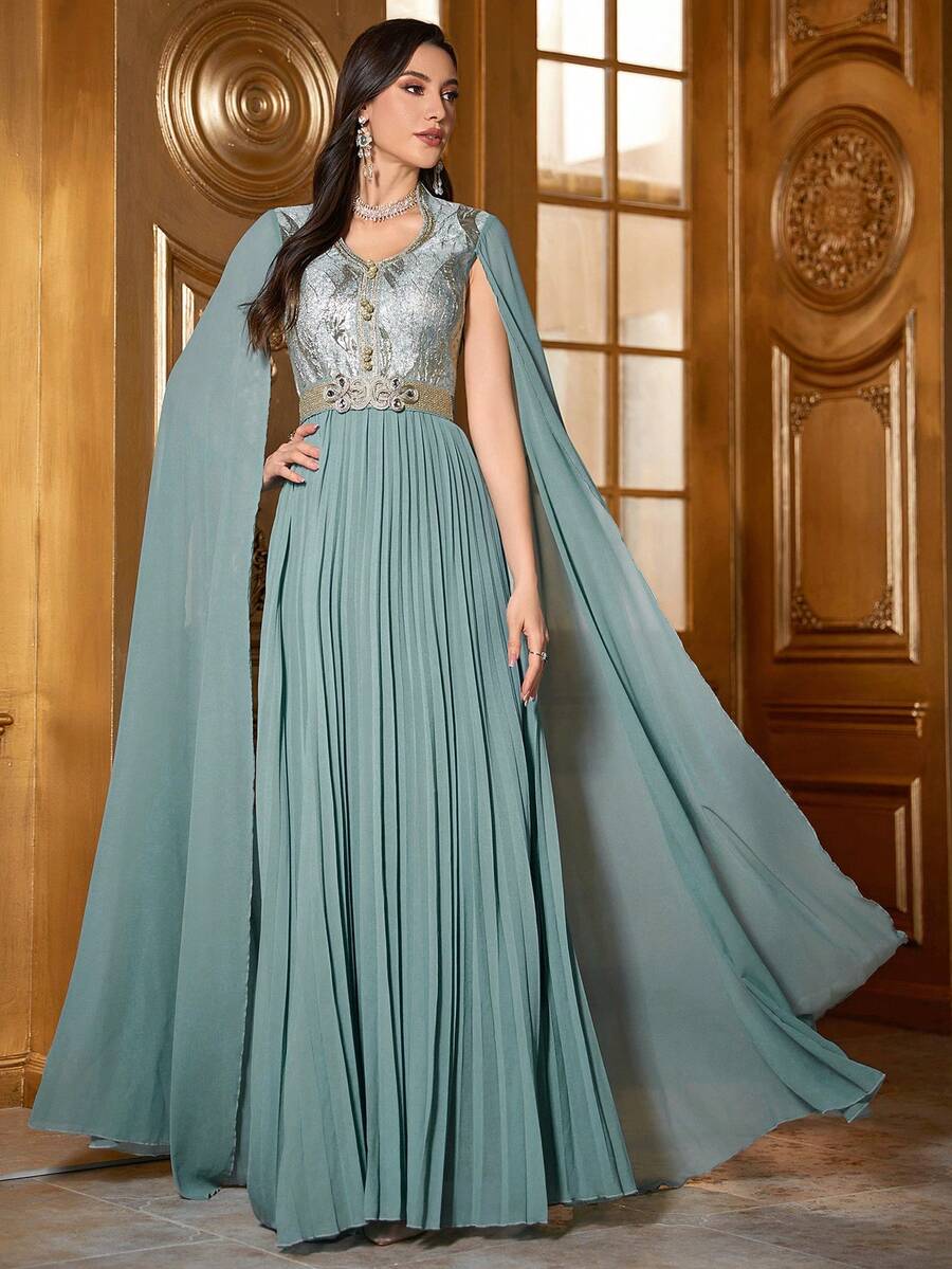 Patchwork Embroidered Trim Abaya Dress - Green - View 1