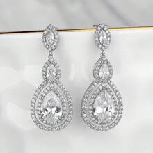 1 par de pendientes de lágrima con pavé de circonita cúbica brillante de lujo para mujeres, elegante estilo de señora noble para uso diario, fiesta, banquete, vacaciones, pasarela, joyería de moda