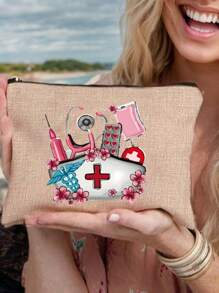 Sac de rangement thème infirmière, sac de beauté, trousse de maquillage avec motif de casquette d'infirmière, tube à aiguille, pilule, sac de perfusion, stéthoscope - Un cadeau parfait pour les infirmières ! Peut ranger les cosmétiques, les outils de beauté, le vernis à ongles, les pilules et d'autres articles, adapté pour sortir