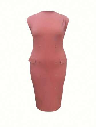 大码女式纯色立领短袖纽扣修身优雅连衣裙，圣诞节