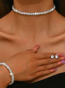 4PCS/Set Women's Elegant Sparkling Rhinestone Necklace Earrings Bracelet Jewelry Set, Bride Wedding Party Dress Accessories