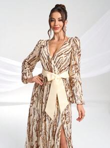 YISIKADO Women's Sequin Long Sleeve Tie Strap Random Print V-Neck Long Sleeve High-End Luxury Party Evening Dress, Wedding Guest Dress, Formal Dress,Gown - Champagne - View 7