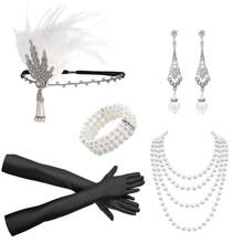7pcs 1920s Women's Party Makeup Ball Feather Headpiece, Earrings, Bracelet, Glove, Sequin 5-Piece Set, Elegant Vintage Sexy High-End Headpiece For Bachelorette Party Prom