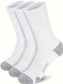 3 Pairs Plus Size Men's Crew Athletic Basketball Socks, White Long Sports Socks - White - View 1