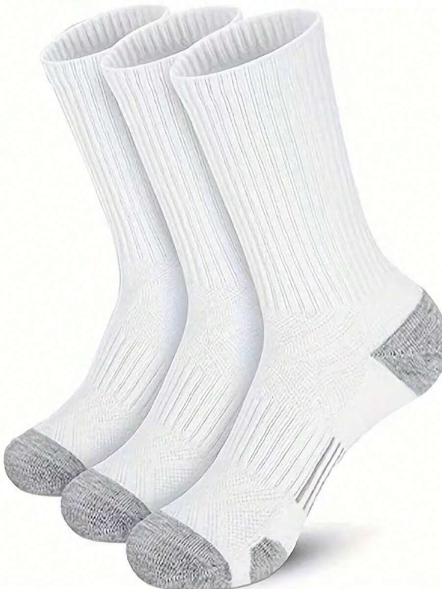 3 Pairs Plus Size Men's Crew Athletic Basketball Socks, White Long Sports Socks - White - View 1