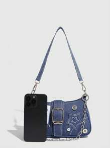 1pc Y2K Style Women Shoulder Bag, Chic Underarm Bag, Chain Strap Handbag, Crescent Moon Shaped Versatile Shoulder Bag, Patchwork Color Block Shoulder Bag